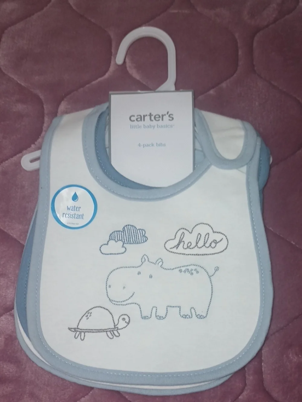 Carter's White Bibs with Light Blue Trim and Hippo/Turtle Design (4-Pack)